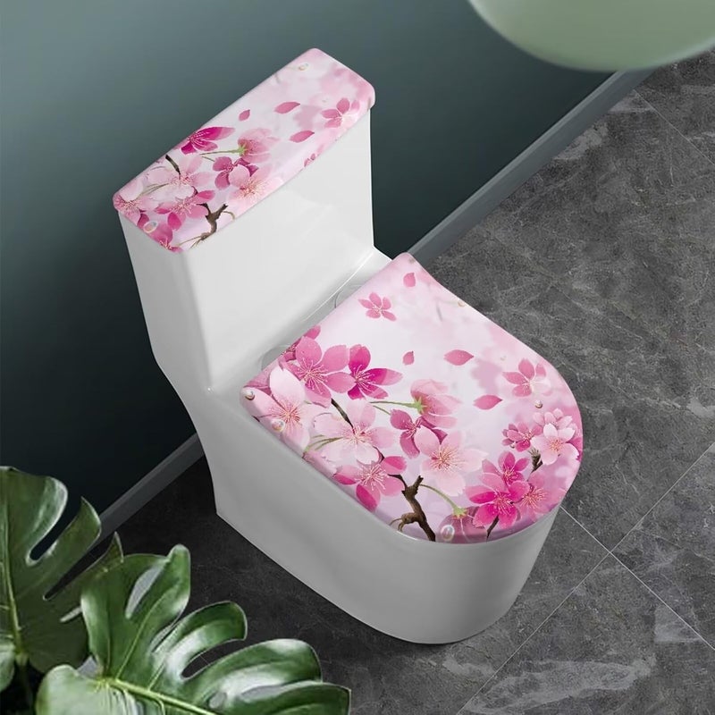CREAMIC Cherry Blossom Toilet Tank Lid Cover and Toilet Seat Lid Cover with Elastic Bottom Toilet Covers 2 Pieces Set Universal Fit Toilet Top Covers Home Indoor Decoration - Image 1